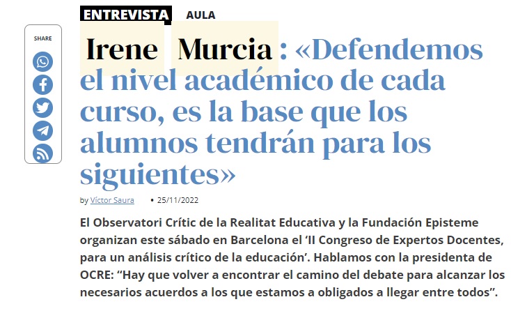 Lee más sobre el artículo EL DIARIO DE LA EDUCACIÓN / Irene Murcia: «Defendemos el nivel académico de cada curso, es la base que los alumnos tendrán para los siguientes»